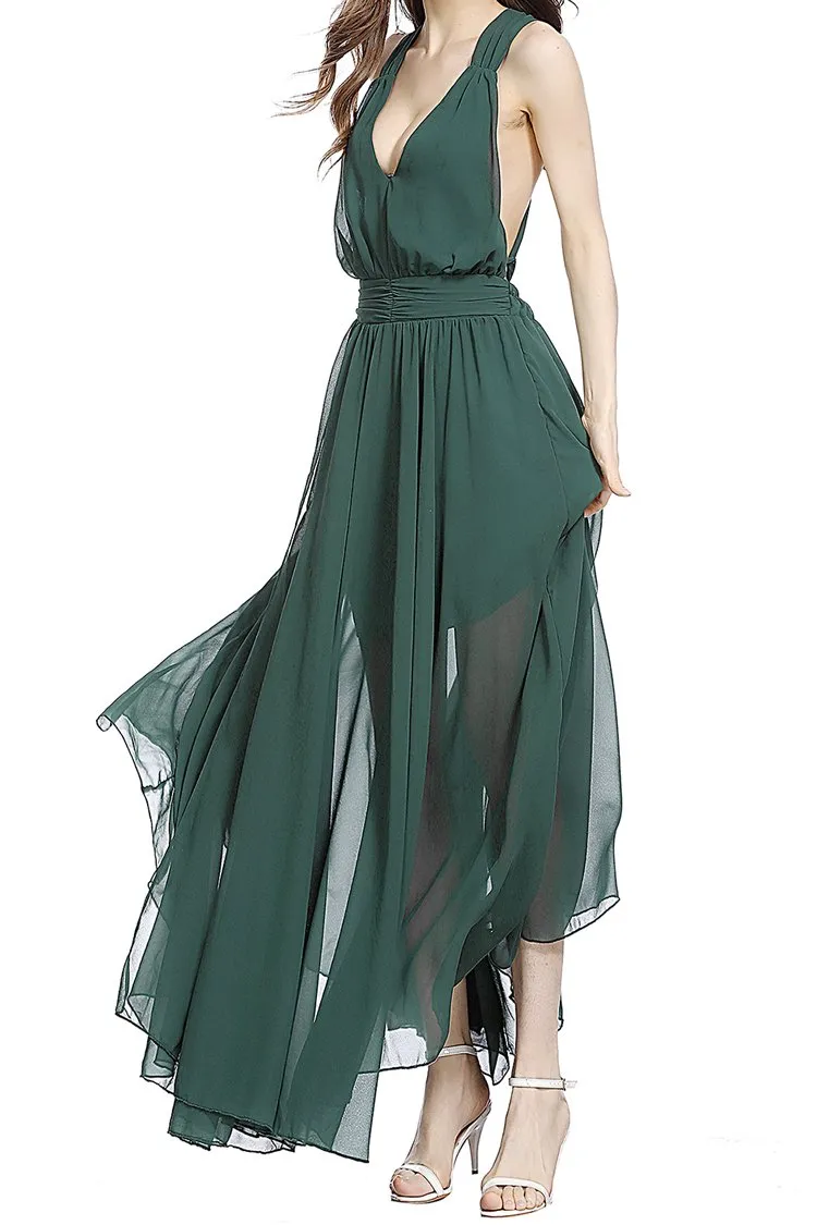 Hanging Neck Slim Dark Green Backless Sexy Big Swing Strap Beach Maxi Dress