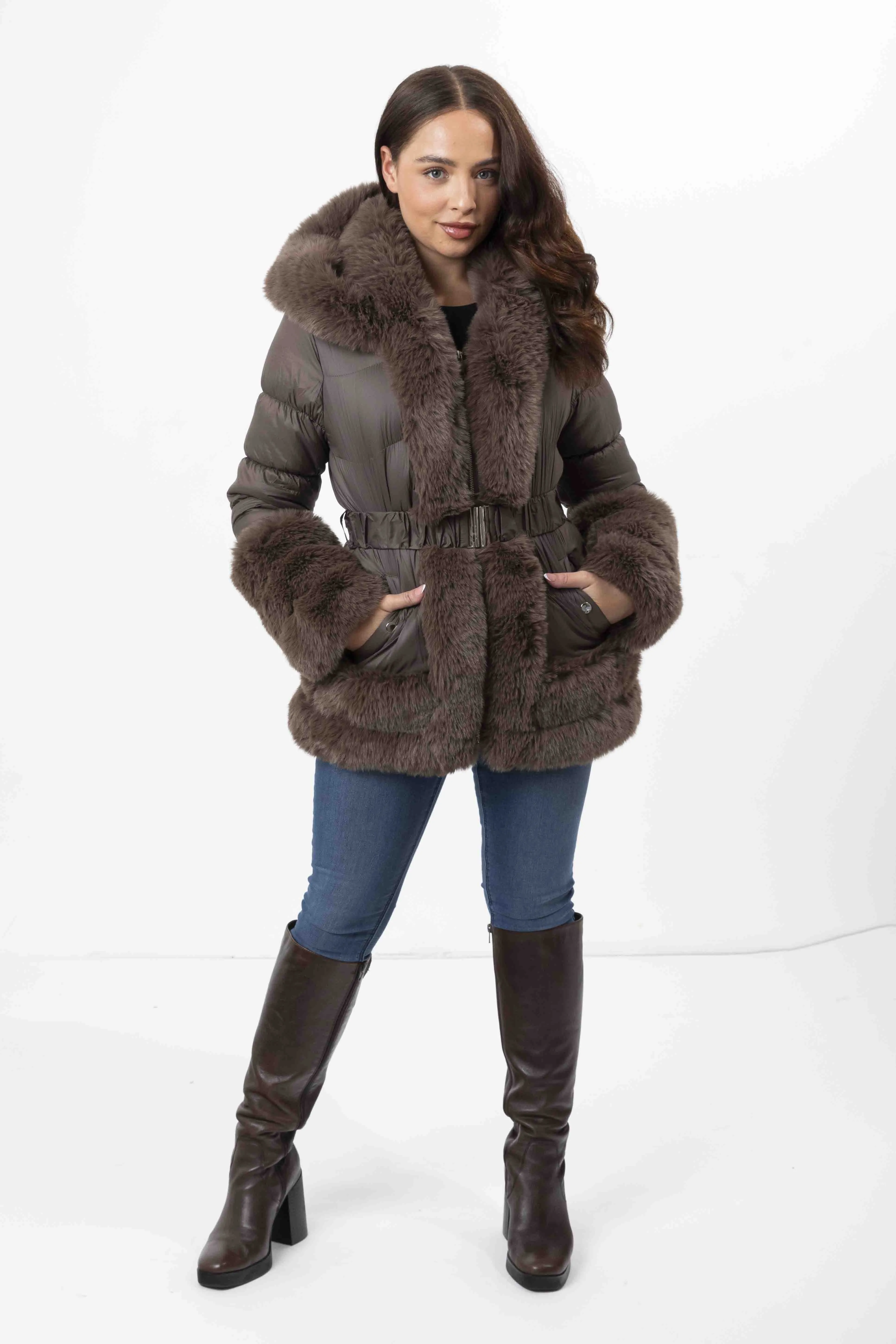 Hooded Faux Fur Hem Elasticated Belt Lined Jacket