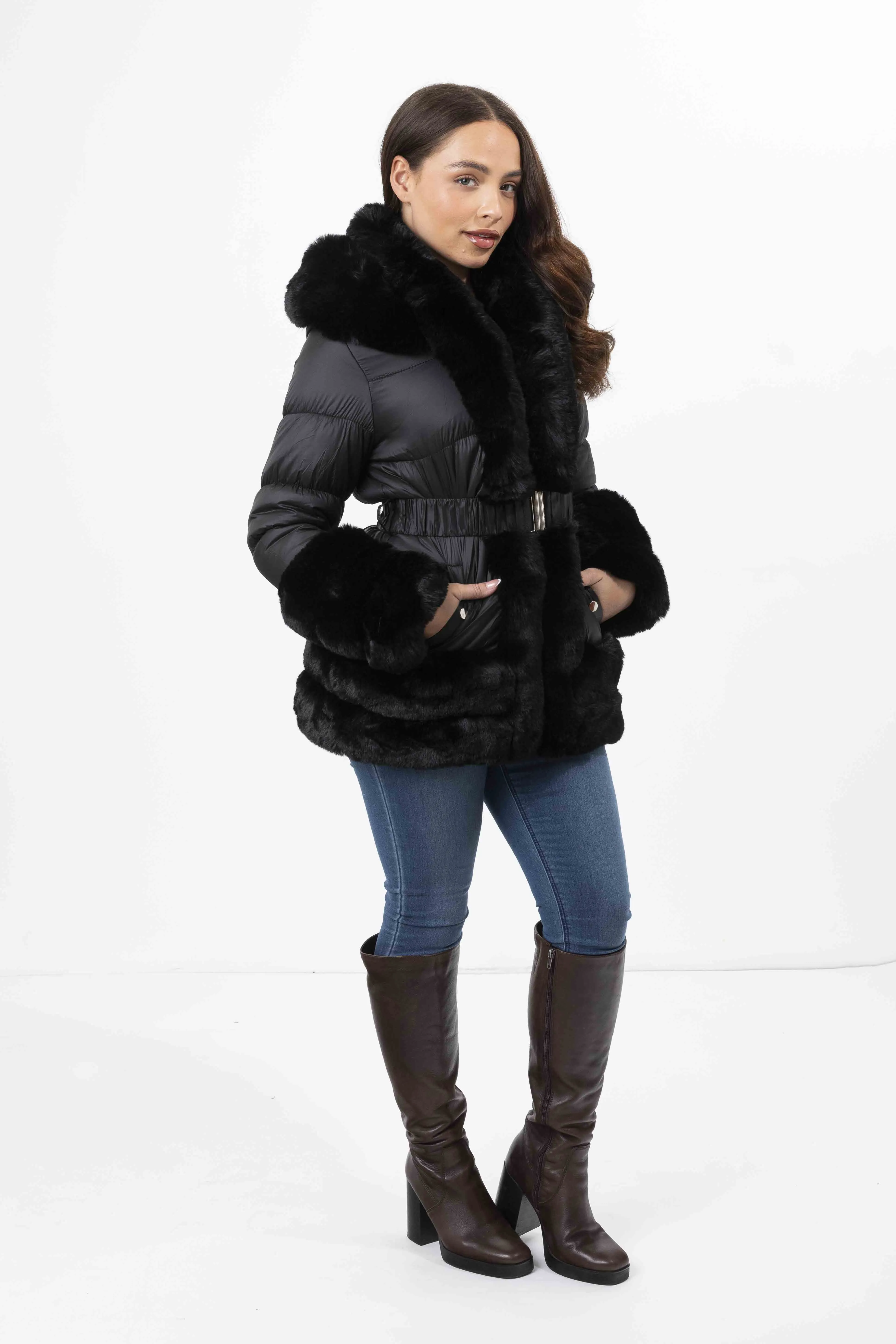 Hooded Faux Fur Hem Elasticated Belt Lined Jacket