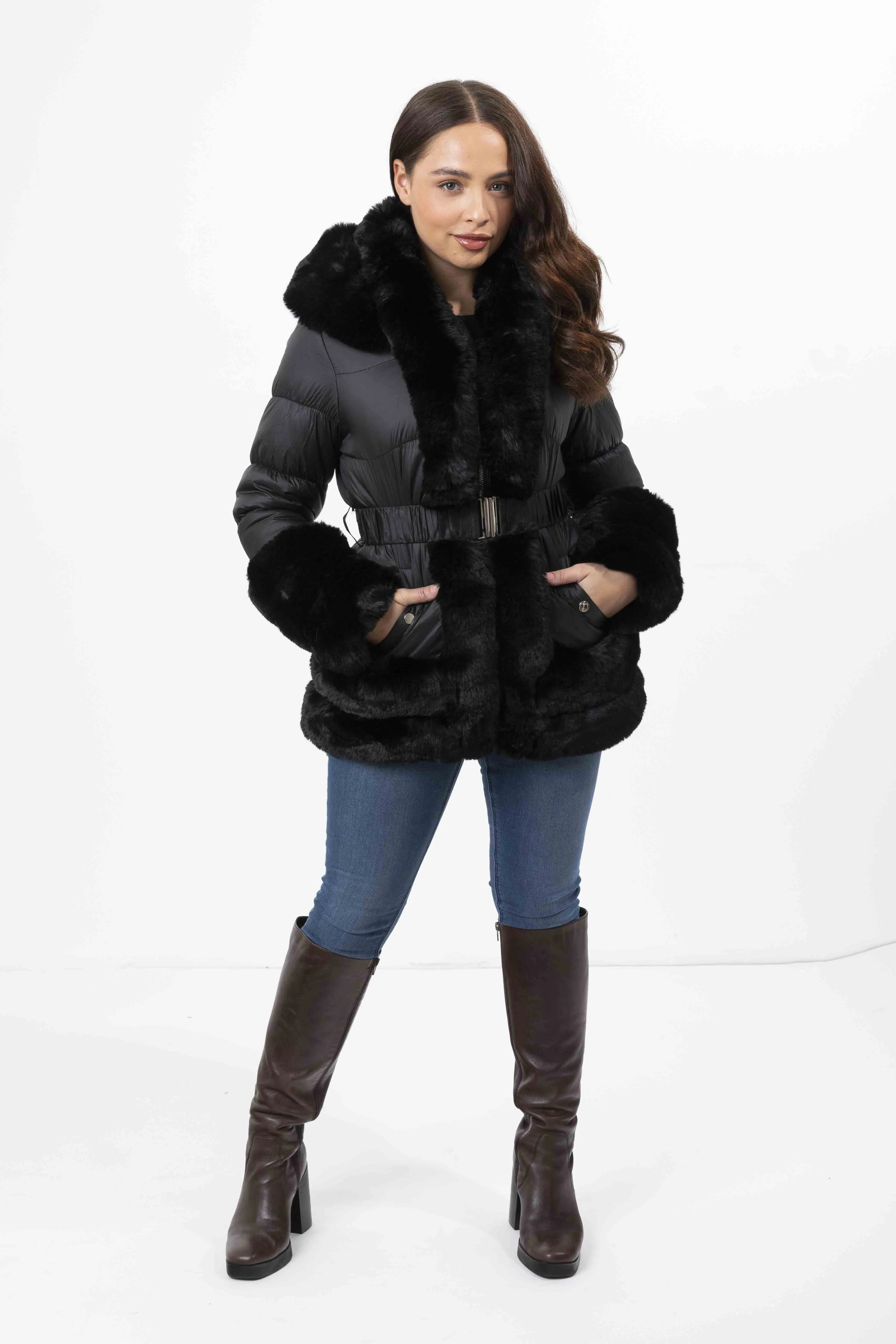 Hooded Faux Fur Hem Elasticated Belt Lined Jacket