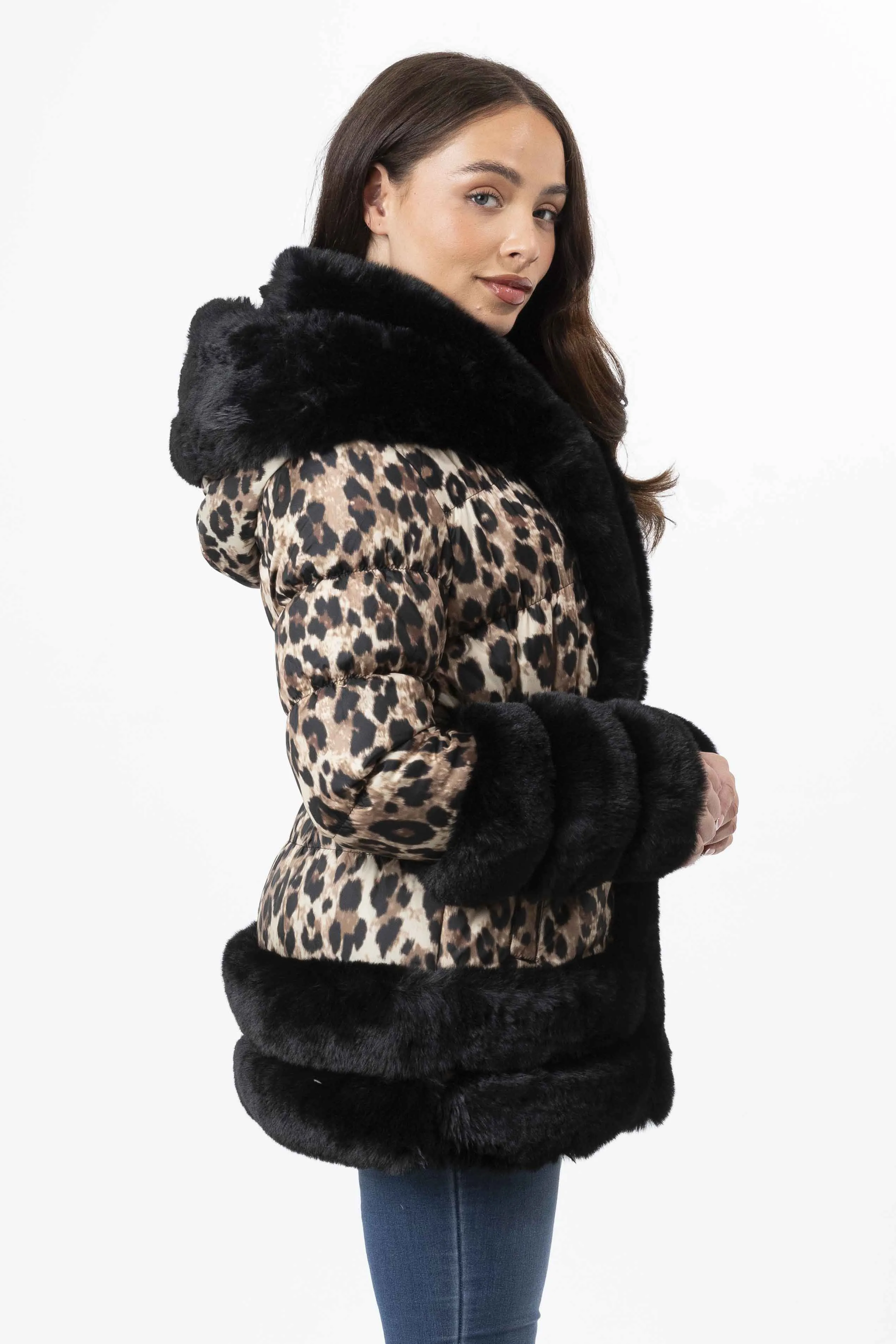 Hooded Faux Fur Hem Elasticated Belt Lined Jacket