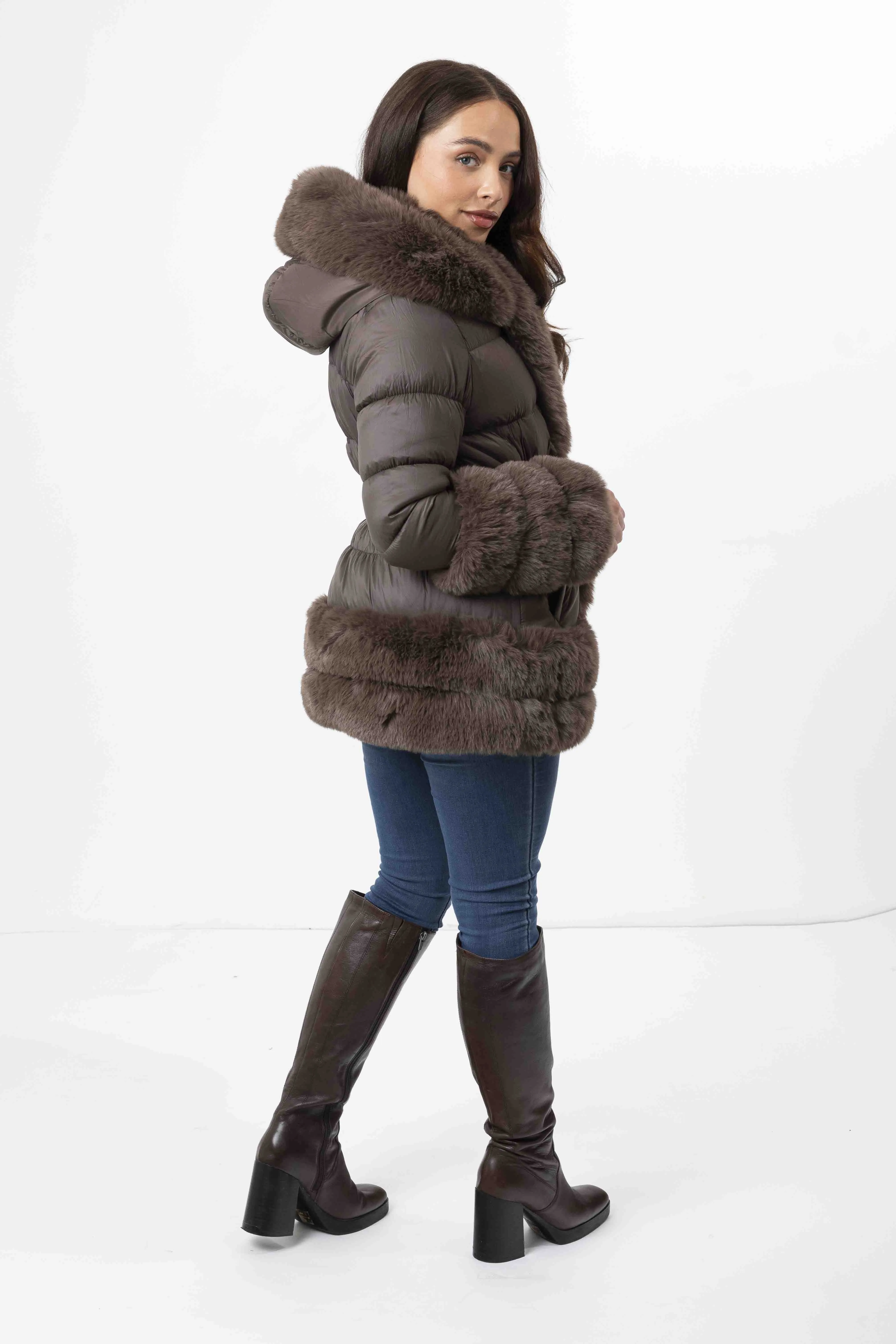 Hooded Faux Fur Hem Elasticated Belt Lined Jacket