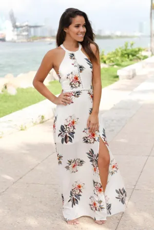 Ivory Floral Halter Neck Maxi Dress with Side Slit