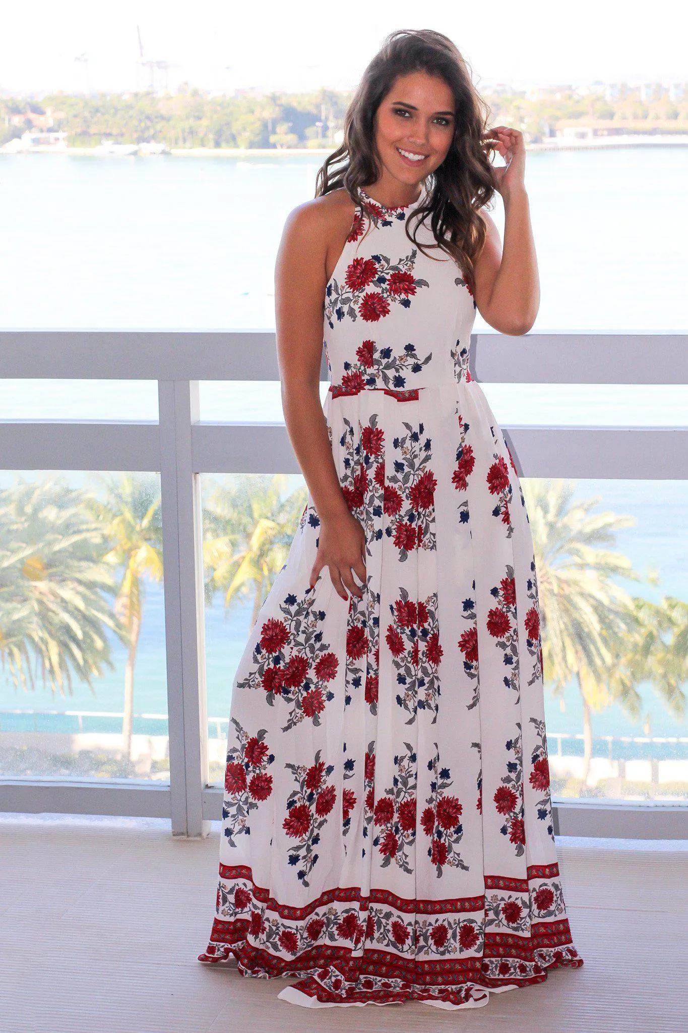 Ivory Printed Halter Neck Maxi Dress