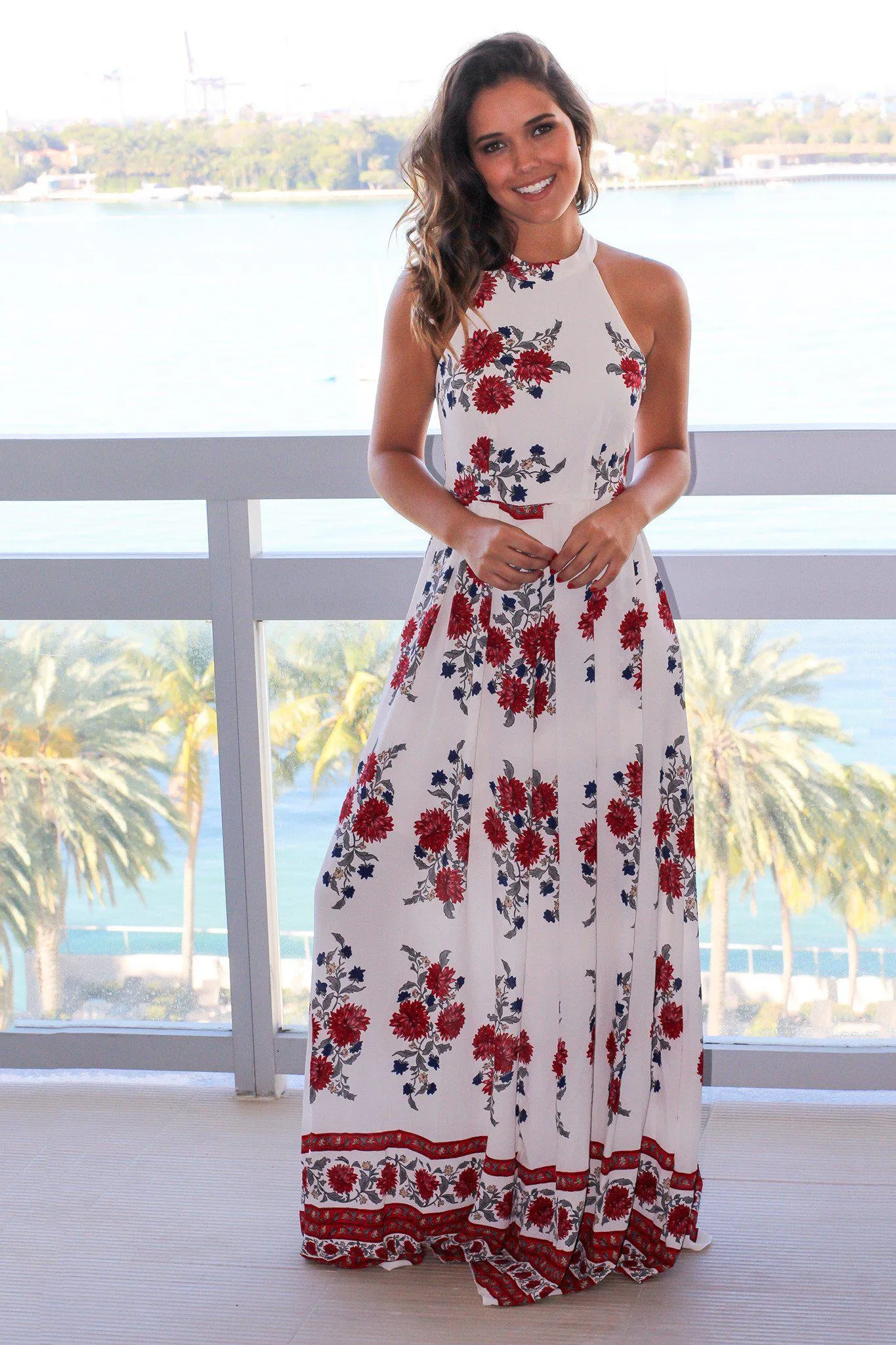 Ivory Printed Halter Neck Maxi Dress