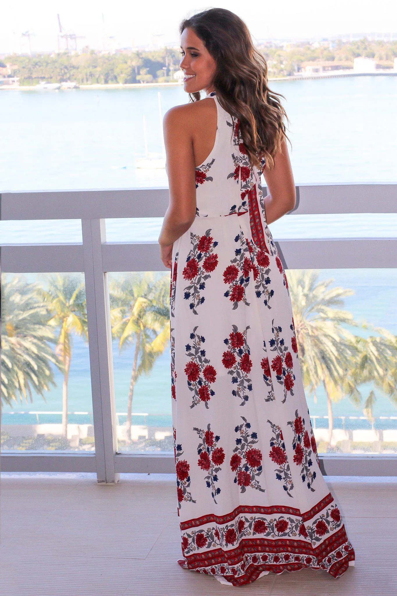 Ivory Printed Halter Neck Maxi Dress