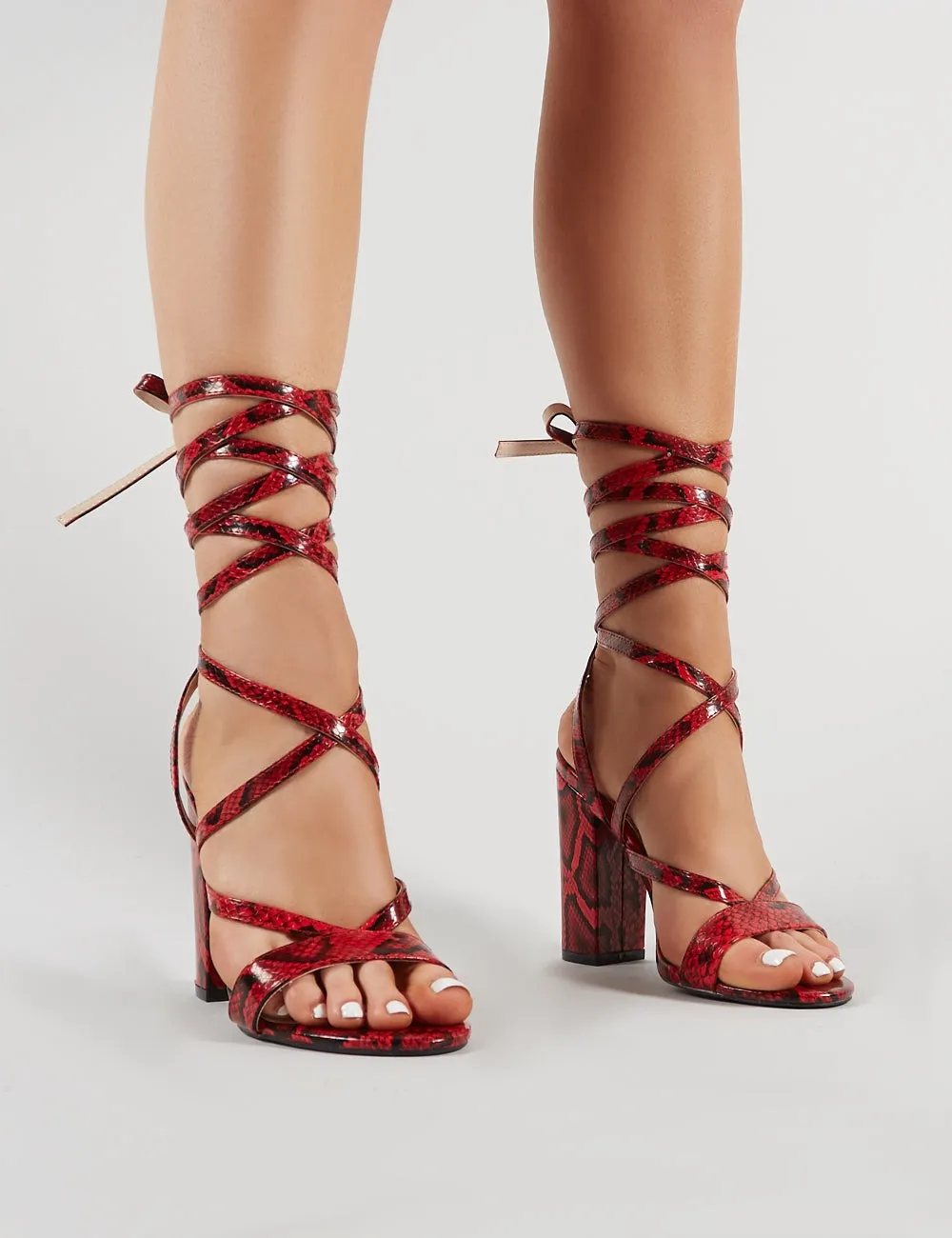 Julia Block Lace Up Heels in Red Snakeskin