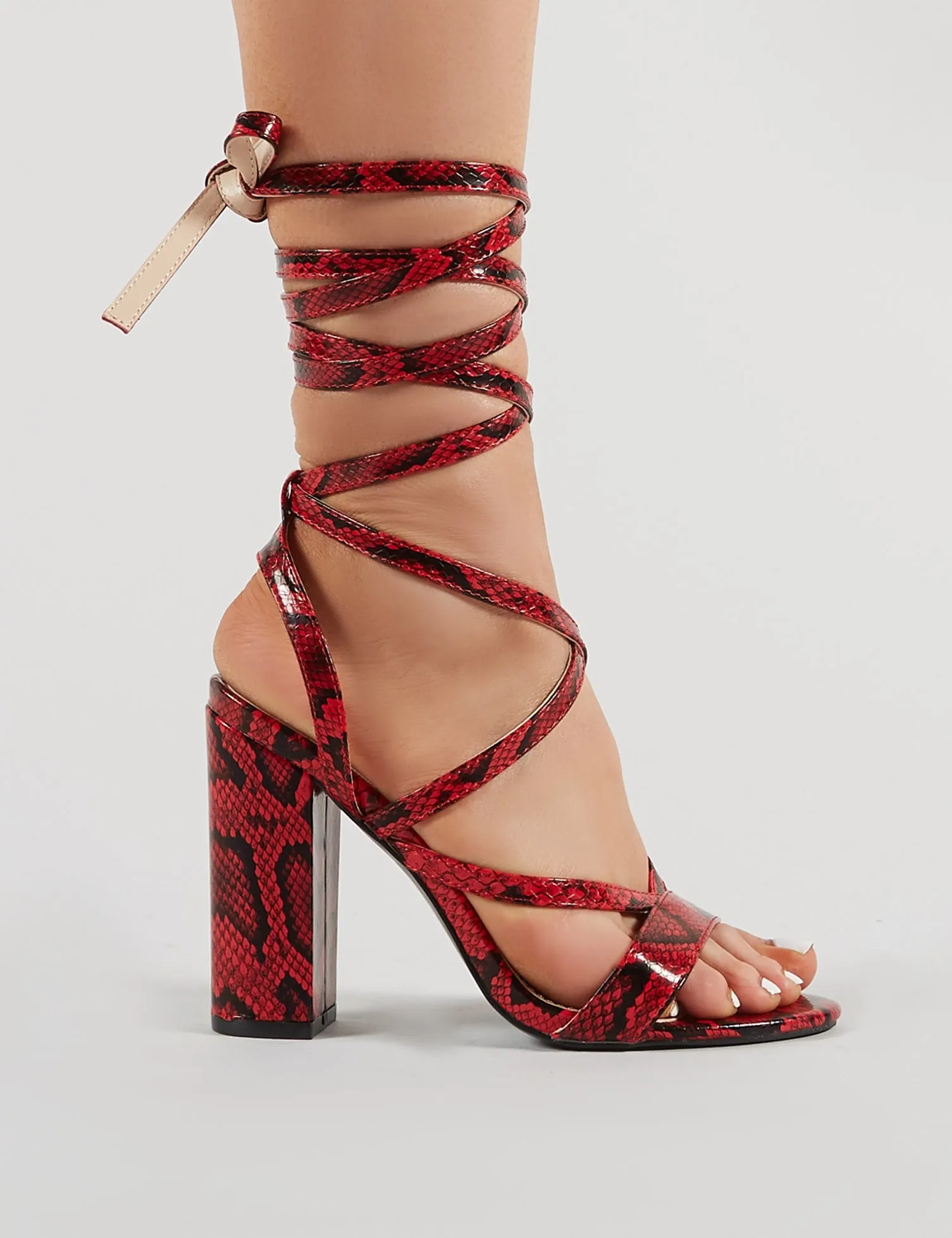 Julia Block Lace Up Heels in Red Snakeskin