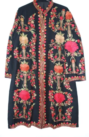 Kashmiri Woolen Coat Black, Multicolor Embroidery #AO-138