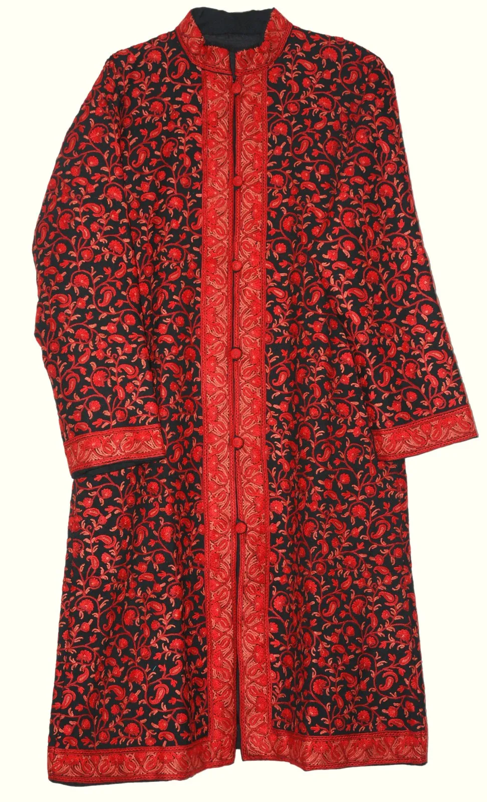 Kashmiri Woolen Coat Black, Red Embroidery #AO-153