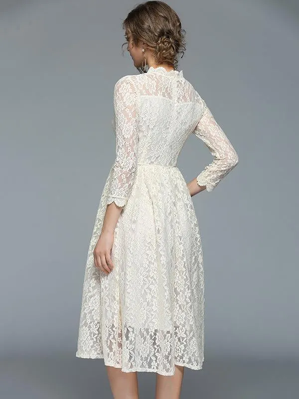 Lace Hollow Waisted Midi Evening Dress