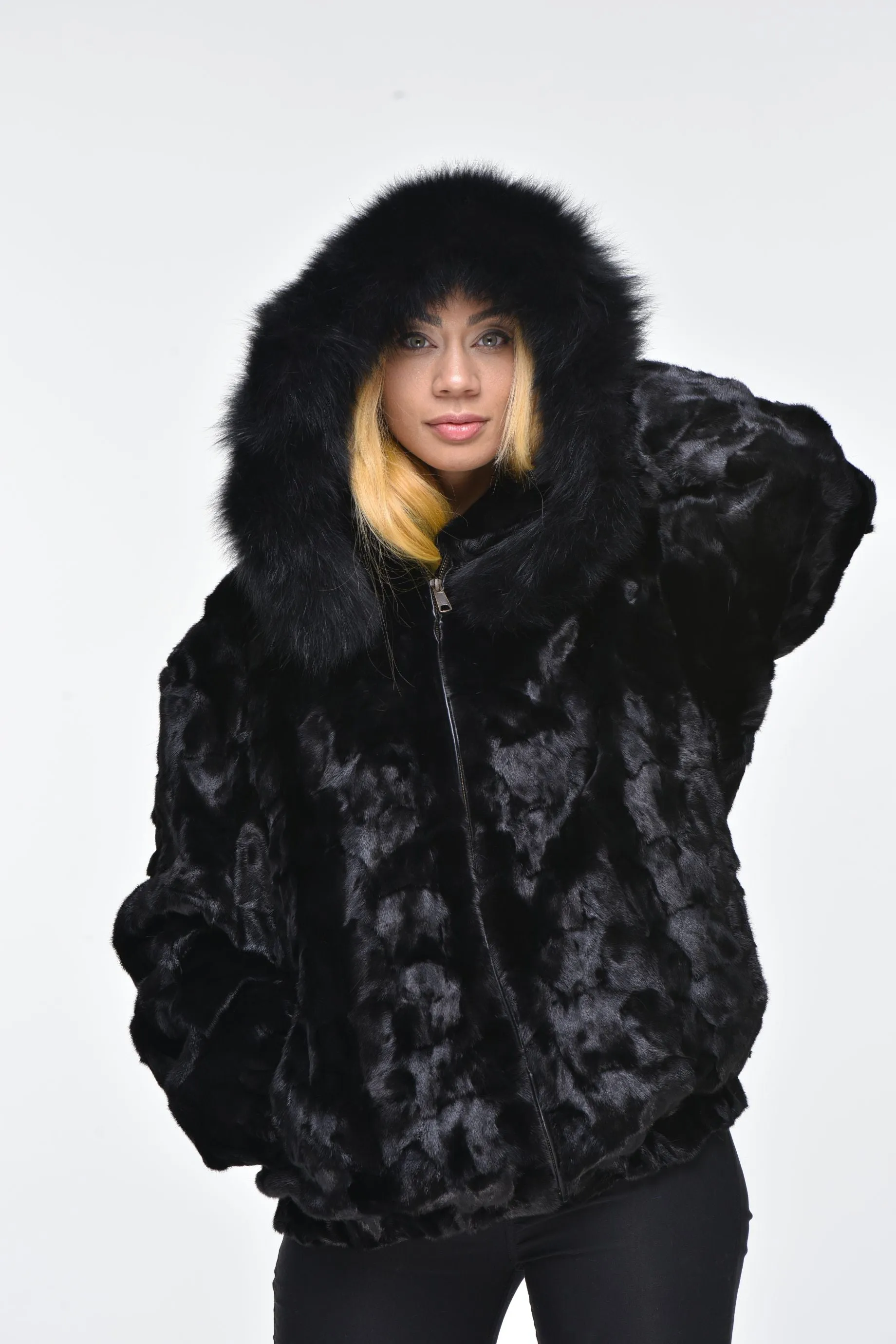 Ladies Mink Fur Bomber Jacket with Hood – Black