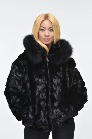 Ladies Mink Fur Bomber Jacket with Hood – Black