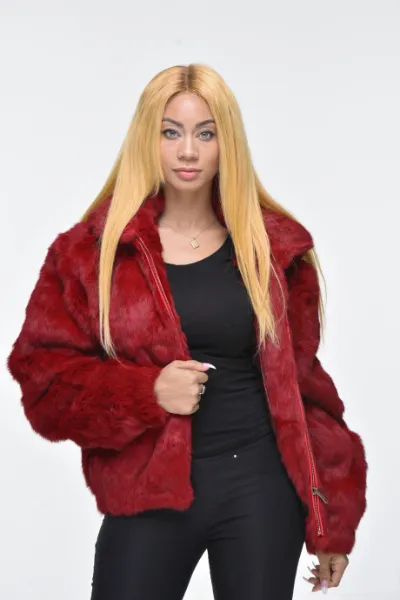 Ladies Rabbit Hooded Bomber Jacket - Red