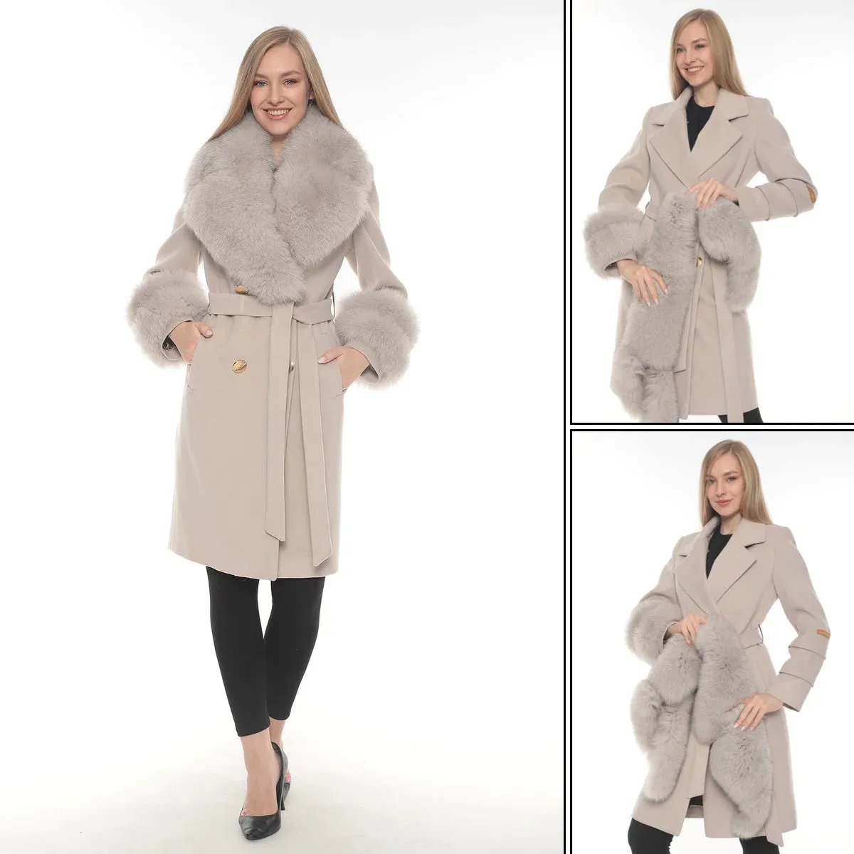 Light beige Cashmere Wool & Fox Fur Coat