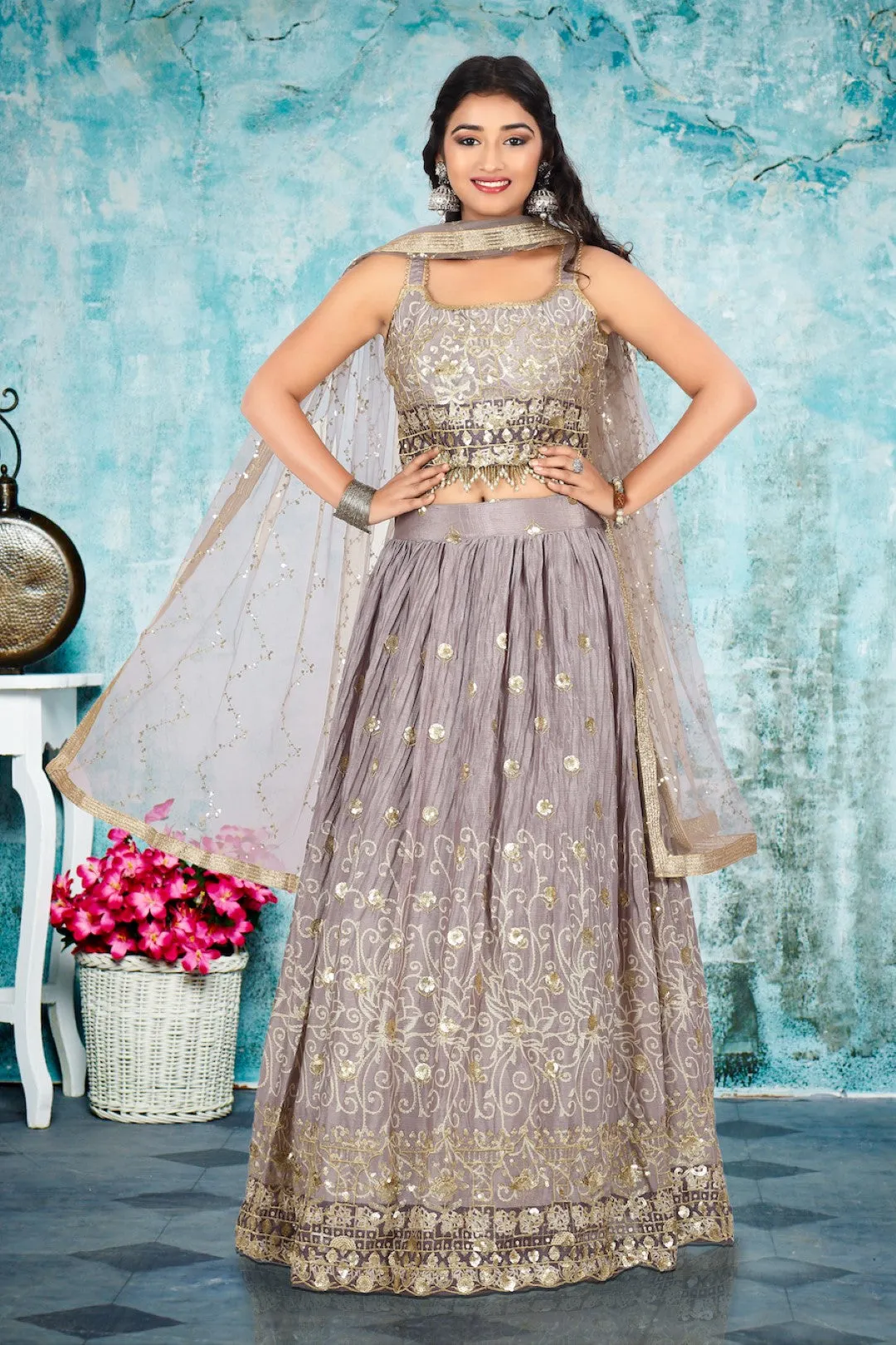 Lilac and Gold Lehenga w/Choli