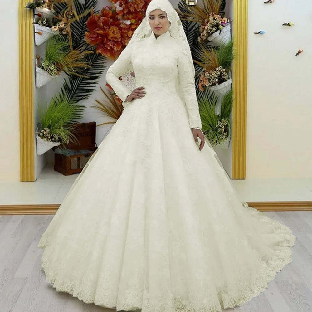 Long Sleeve A-Line Muslim Arabic Wedding Dress High Neck Luxury Tulle Wedding Gown