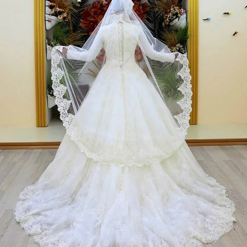 Long Sleeve A-Line Muslim Arabic Wedding Dress High Neck Luxury Tulle Wedding Gown