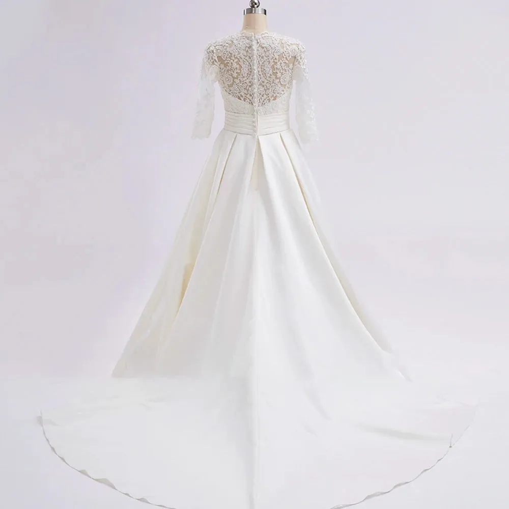 Long Sleeve A-Line Wedding Dress Sexy Deep V Neck Chapel Train Appliques Bridal Gown Plus Size