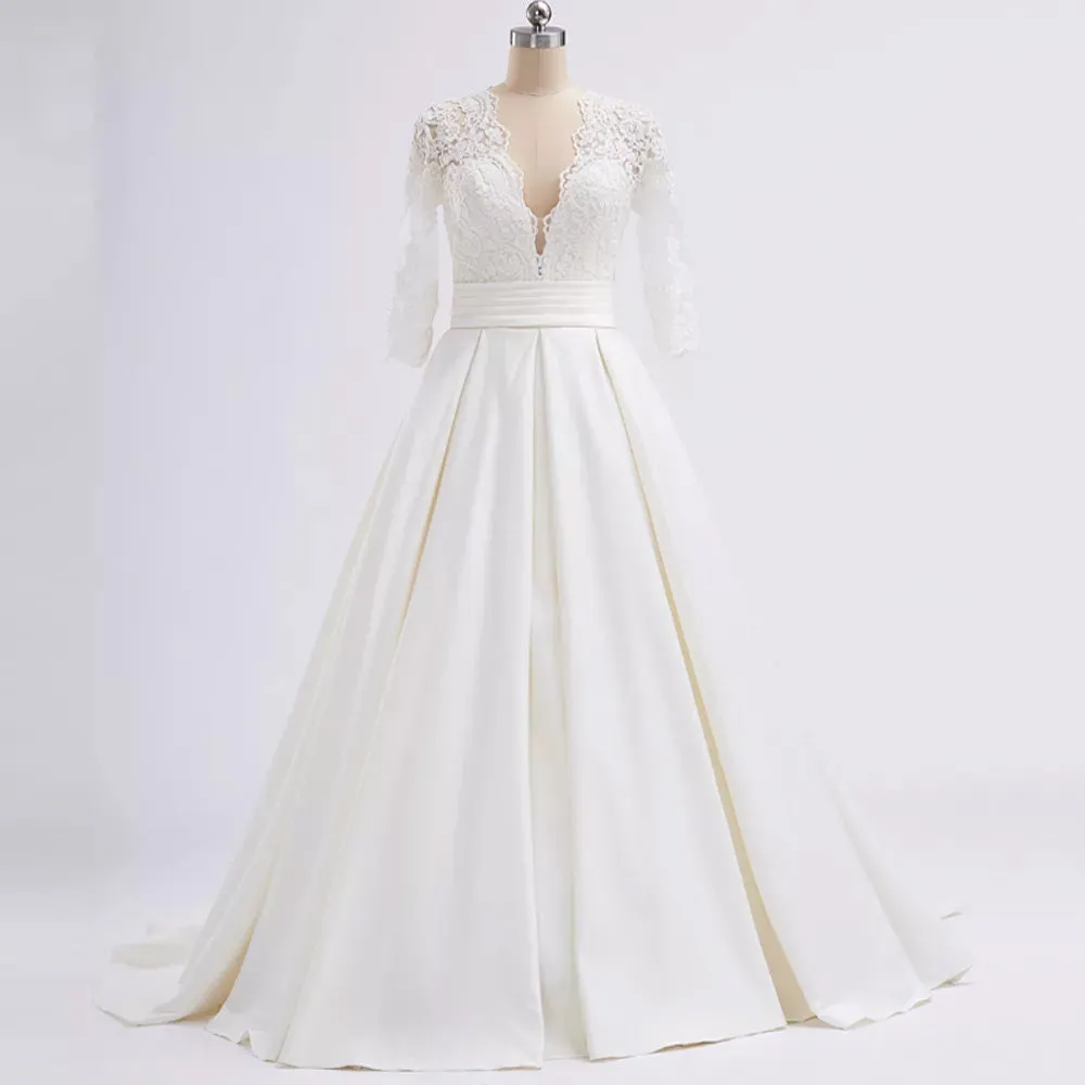 Long Sleeve A-Line Wedding Dress Sexy Deep V Neck Chapel Train Appliques Bridal Gown Plus Size