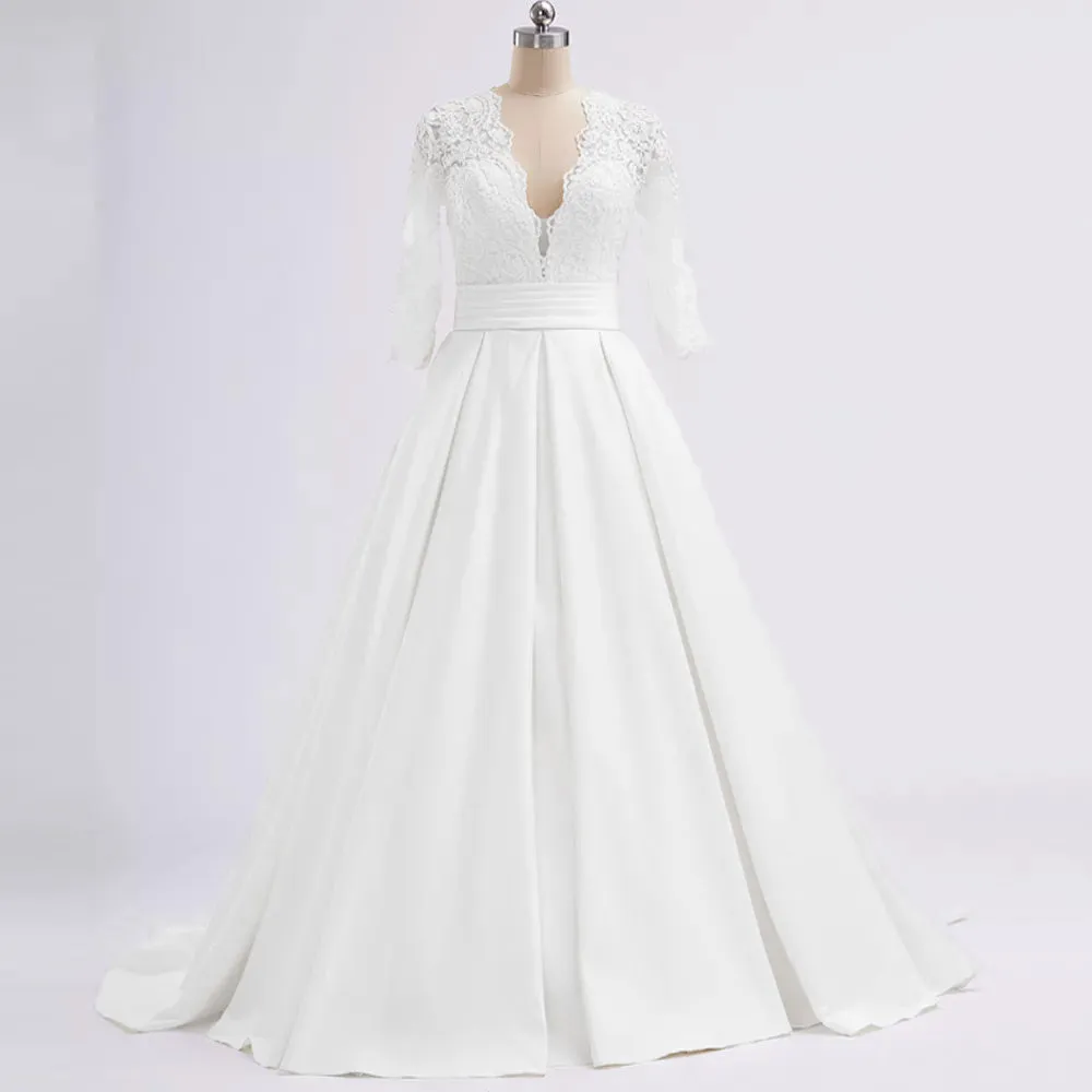 Long Sleeve A-Line Wedding Dress Sexy Deep V Neck Chapel Train Appliques Bridal Gown Plus Size