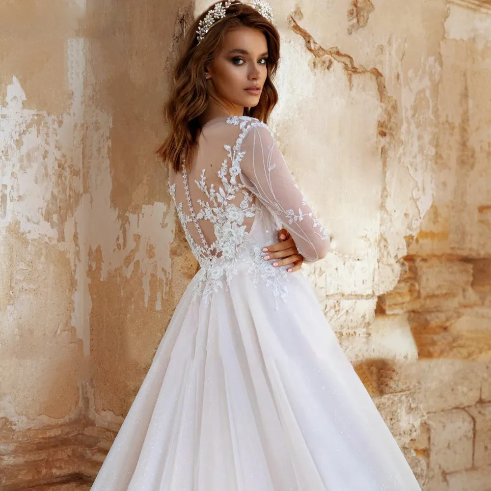 Long Sleeve Flowers Vintage A-Line Wedding Dress Luxury Scoop Beaded Court Train