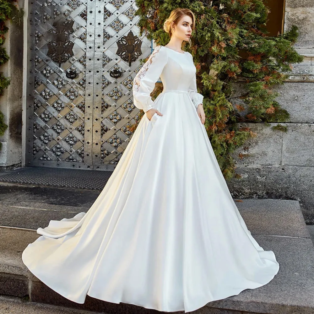 Long Sleeve Matte Satin Button Princess A-Line Wedding Dress Luxury Sweep Train Vintage Bridal Gown