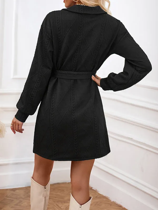 Long Sleeves Jacquard Solid Color Tied Waist V-neck Mini Dresses