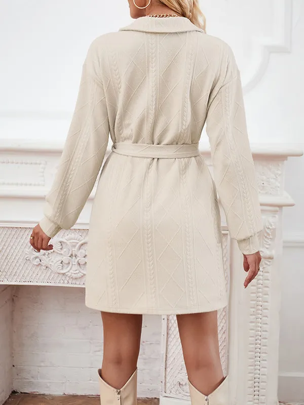 Long Sleeves Jacquard Solid Color Tied Waist V-neck Mini Dresses