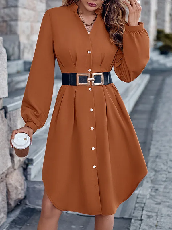 Long Sleeves Loose Buttoned No Belt Pleated Solid Color V-neck Midi Dresses Shirt Dress