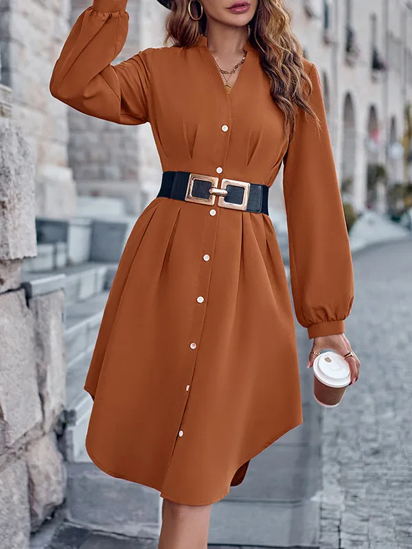 Long Sleeves Loose Buttoned No Belt Pleated Solid Color V-neck Midi Dresses Shirt Dress