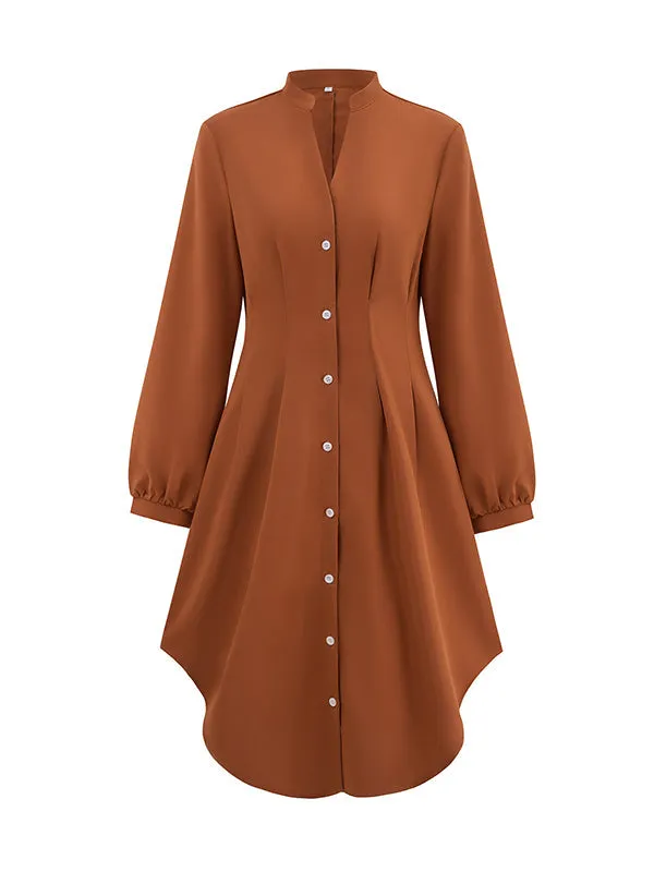 Long Sleeves Loose Buttoned No Belt Pleated Solid Color V-neck Midi Dresses Shirt Dress