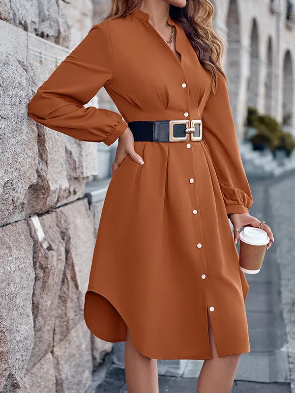 Long Sleeves Loose Buttoned No Belt Pleated Solid Color V-neck Midi Dresses Shirt Dress