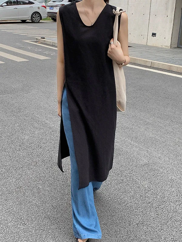 Loose Sleeveless Solid Color Split-side V-neck Vest Top