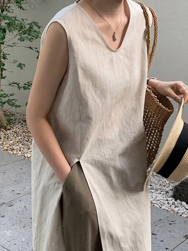 Loose Sleeveless Solid Color Split-side V-neck Vest Top