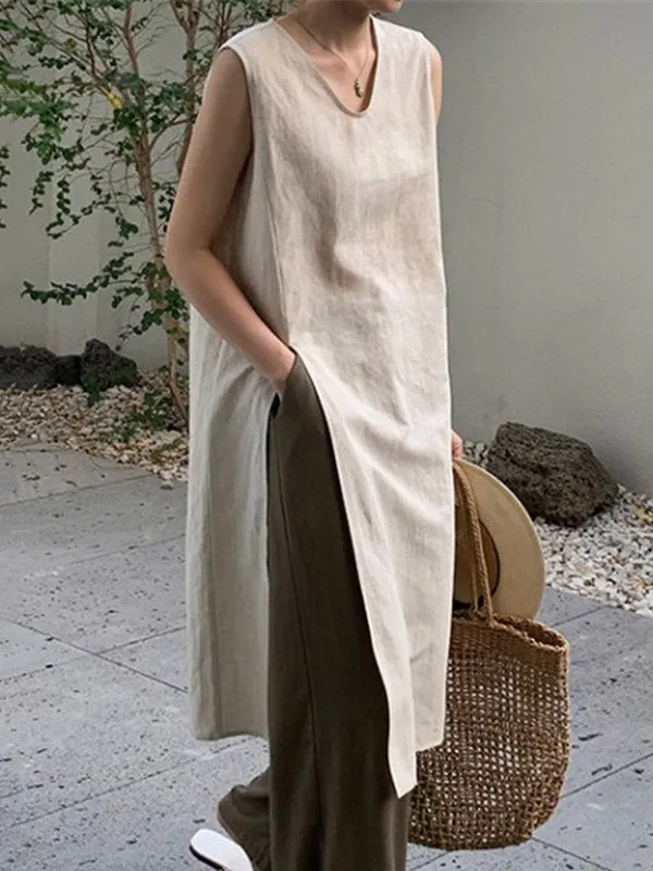 Loose Sleeveless Solid Color Split-side V-neck Vest Top