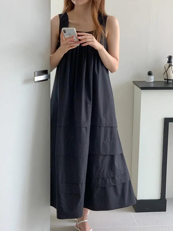 Loose Sleeveless Solid Color Square-Neck Midi Dresses