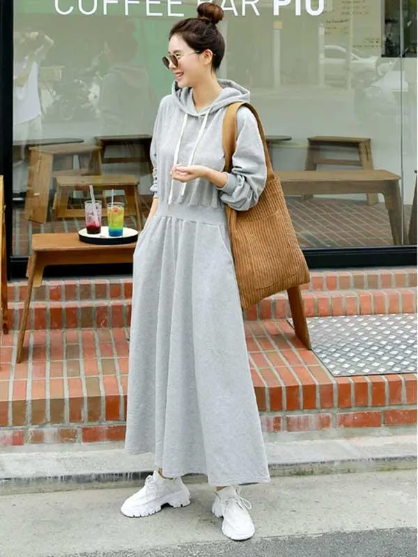 Loose Solid Color Casual A-Line Hoodie Dress