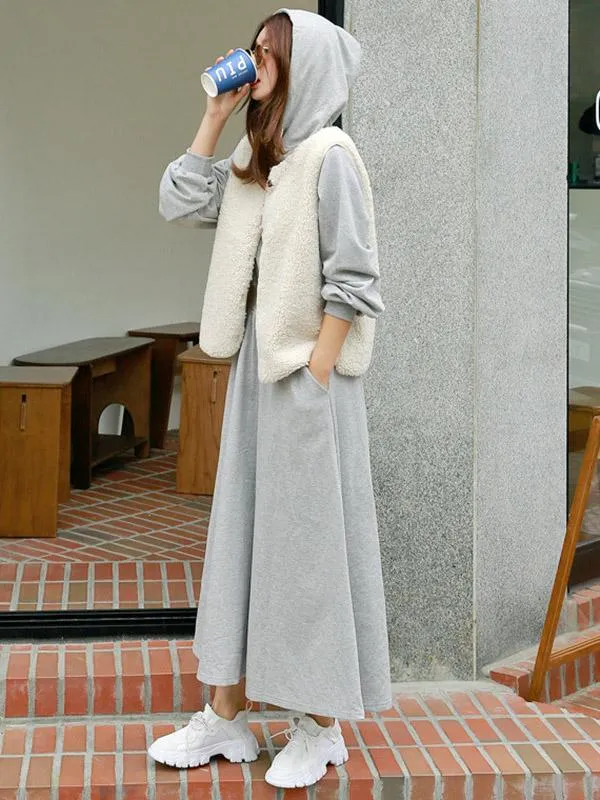 Loose Solid Color Casual A-Line Hoodie Dress