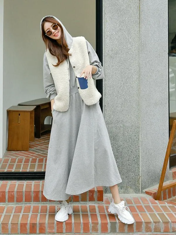 Loose Solid Color Casual A-Line Hoodie Dress