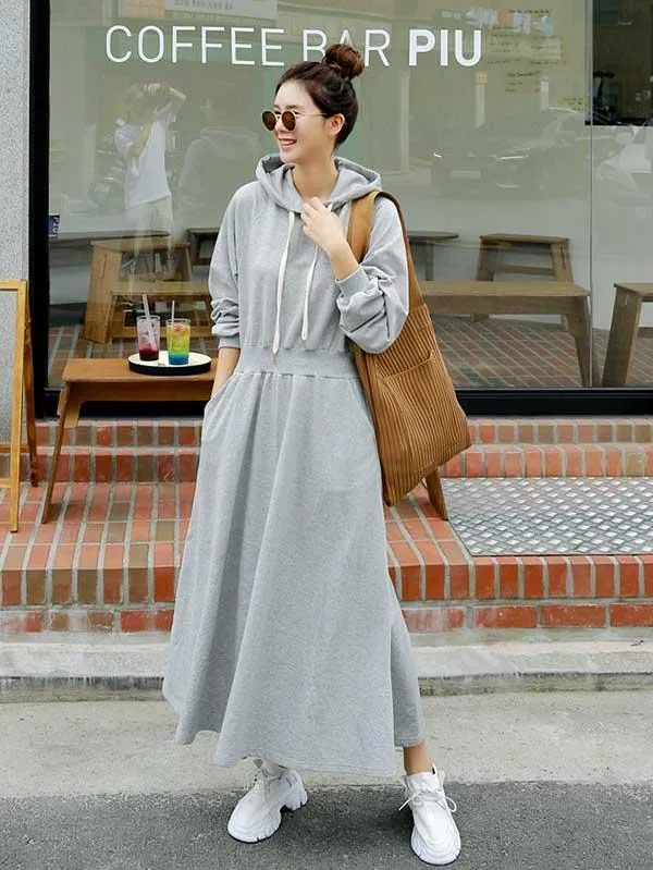 Loose Solid Color Casual A-Line Hoodie Dress