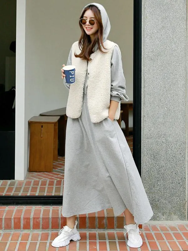 Loose Solid Color Casual A-Line Hoodie Dress