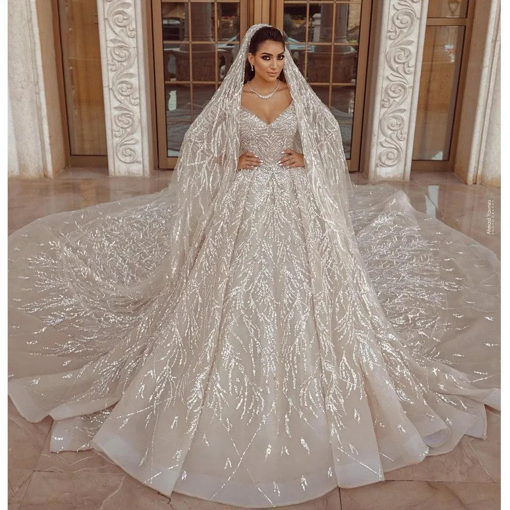 Luxury A-Line V Neck Arabian Glitter Champagne Wedding Dress Long Sleeve Prom Dress