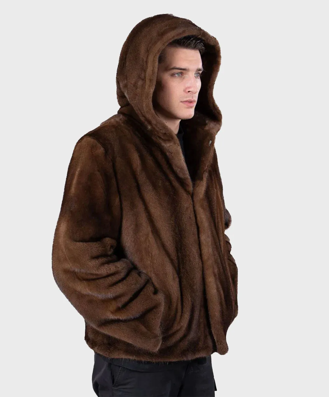 Men's Brown Hooded Mink Jacket