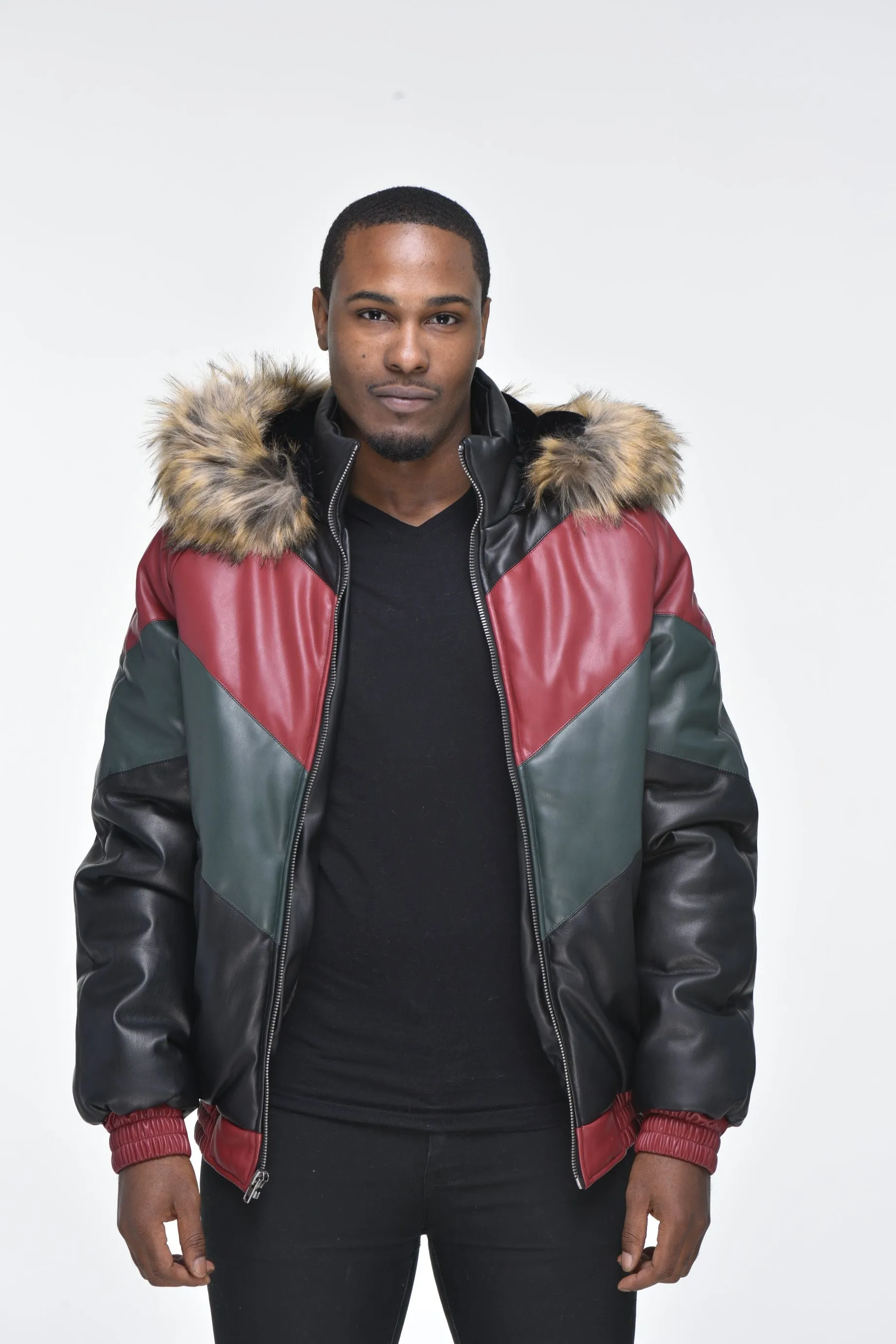 Men’s Faux Leather V Bomber Jacket with Detachable Faux Fur Hood - Red, Green, Black