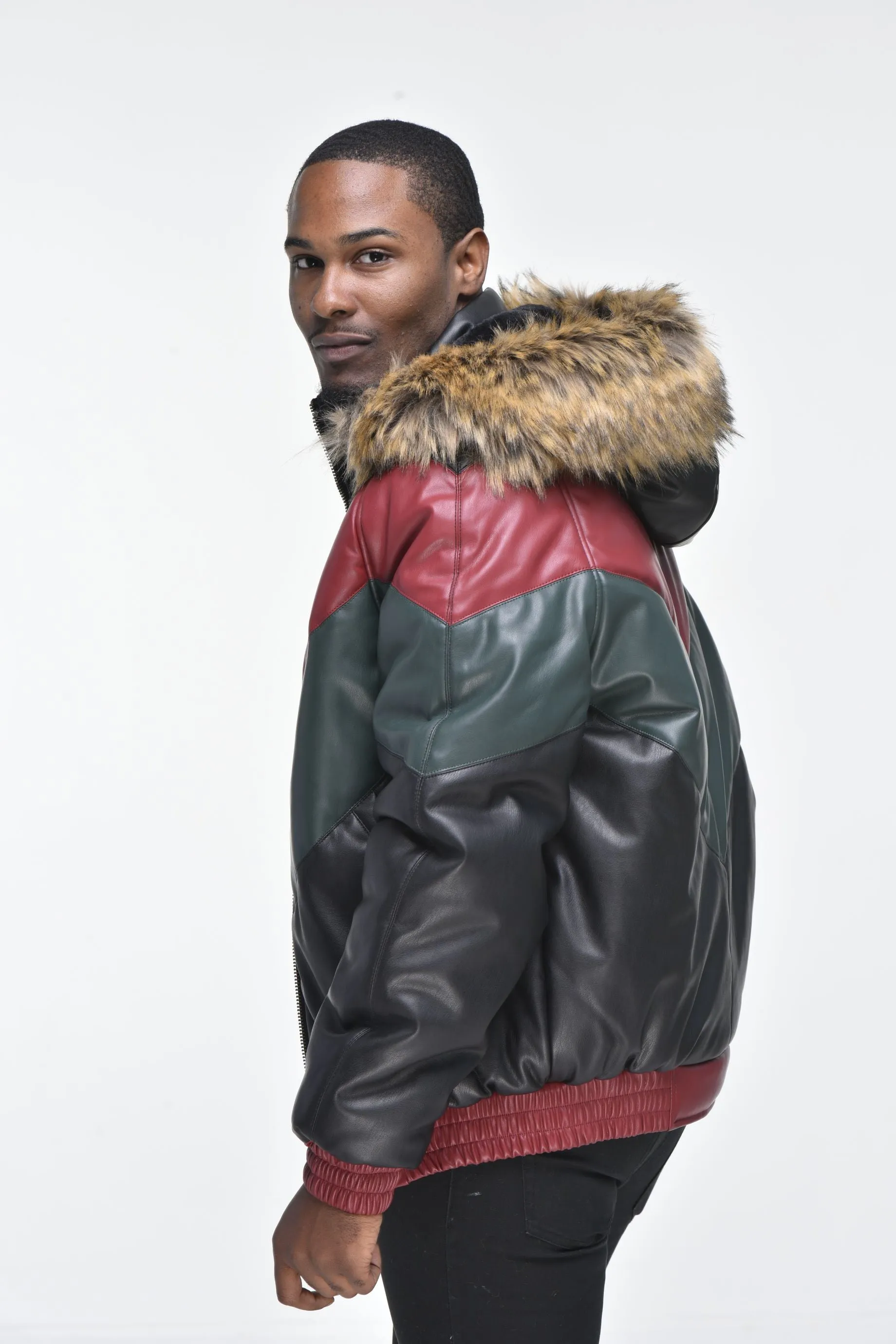 Men’s Faux Leather V Bomber Jacket with Detachable Faux Fur Hood - Red, Green, Black