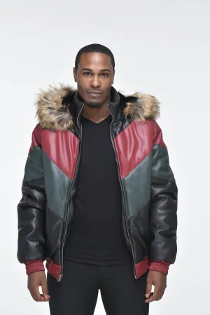 Men’s Faux Leather V Bomber Jacket with Detachable Faux Fur Hood - Red, Green, Black