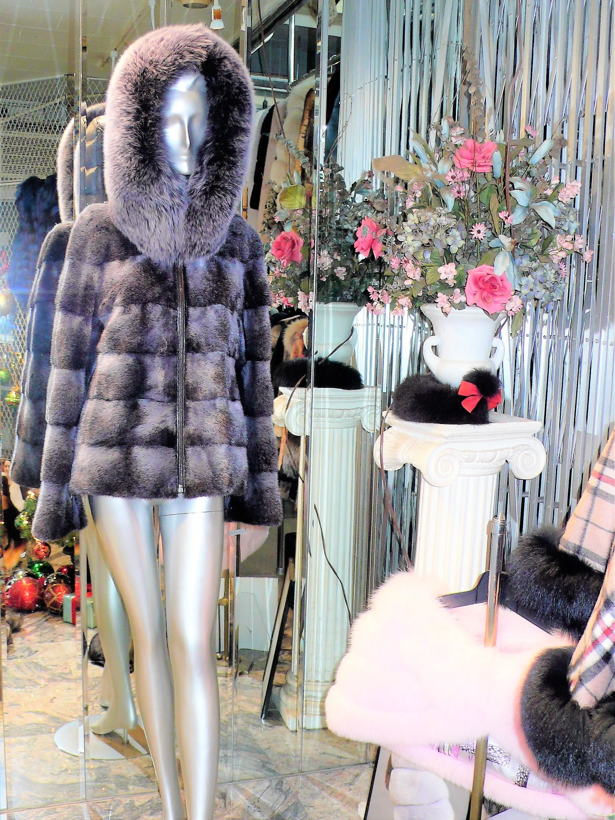 Modern Two-Tone Mink Fur Jacket with Full Fox Fur Trim Hood Dark Lavender