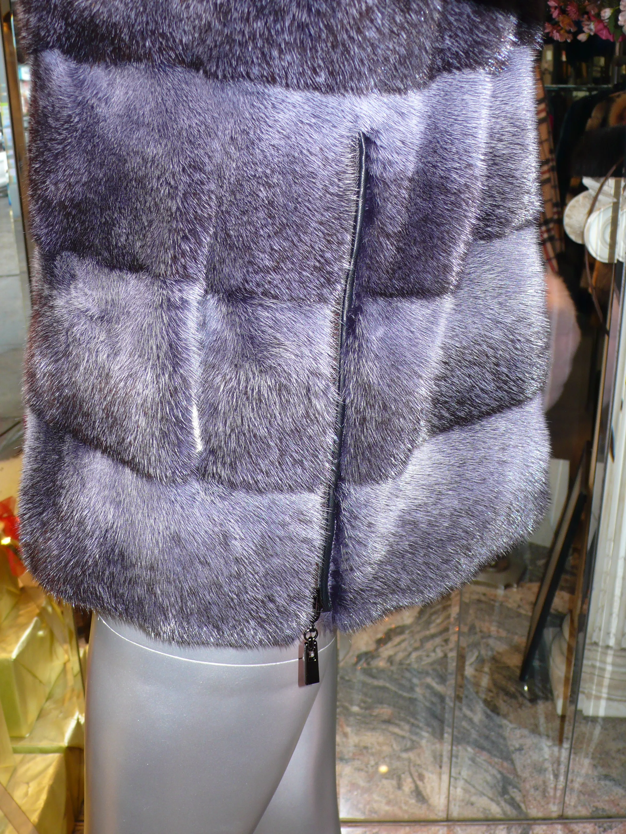 Modern Two-Tone Mink Fur Jacket with Full Fox Fur Trim Hood Dark Lavender