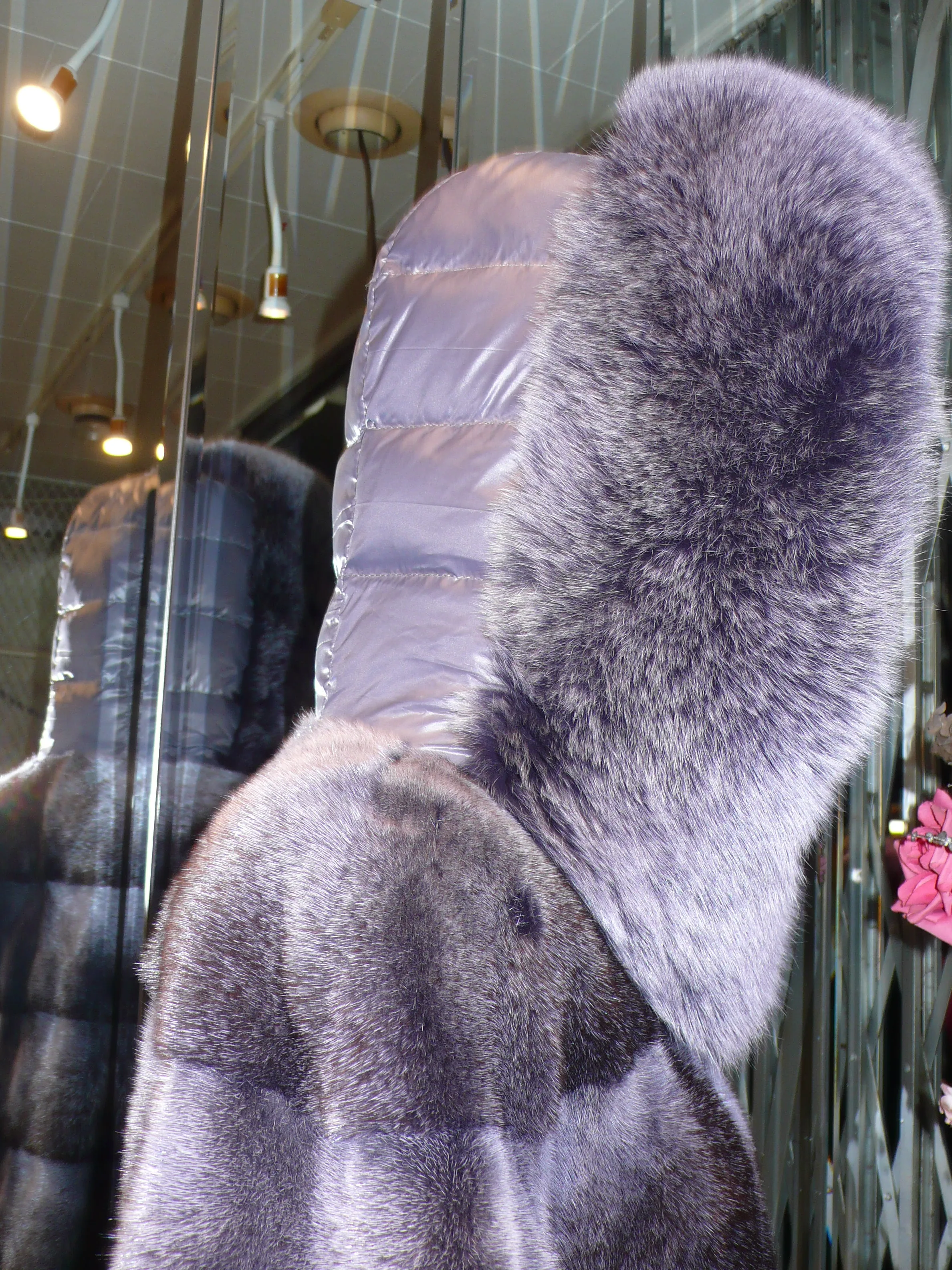 Modern Two-Tone Mink Fur Jacket with Full Fox Fur Trim Hood Dark Lavender